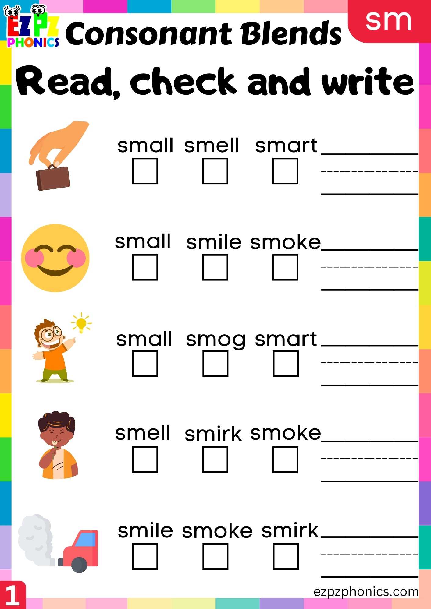 Group1 SM Words Read, Check And Write Phonics Consonant Blends Worksheet